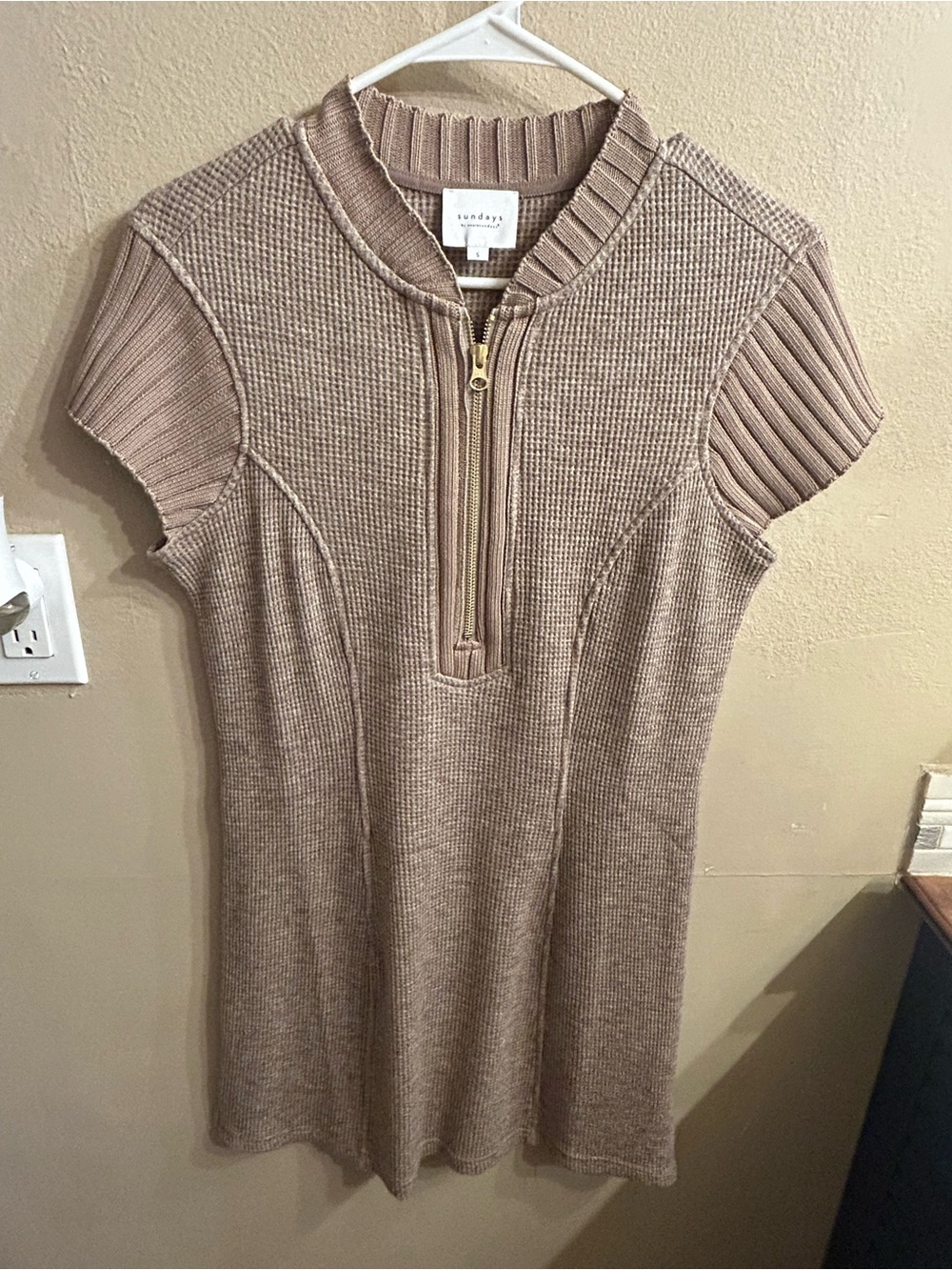 sundays Ribbed Knit Zip-Front Short Sleeve Dress in Taupe